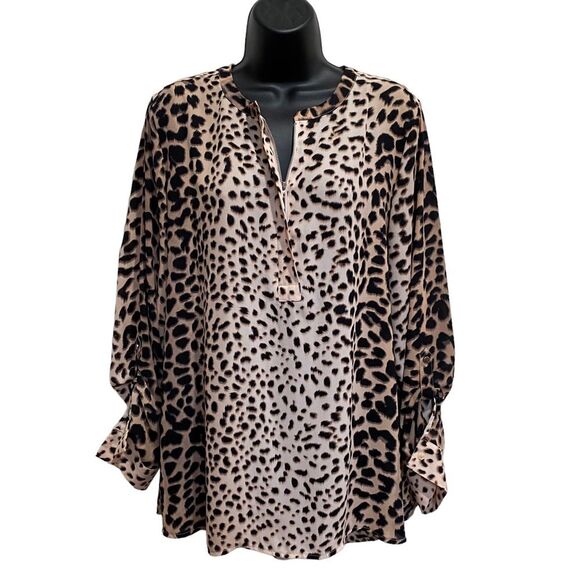 Apt 9 Leopard Print Tunic Blouse 1/4 Zip Neckline Convertible Roll Tab Sleeve XL - Picture 1 of 16
